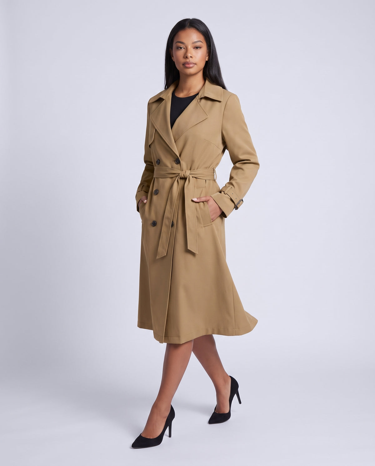 Bridget longline belted trench coat in Mocha - front view 2
