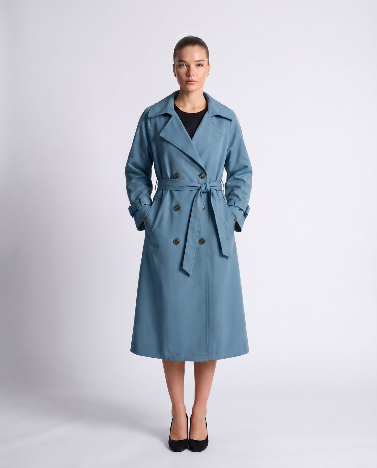 Saskia longline belted trench coat in Blue - front