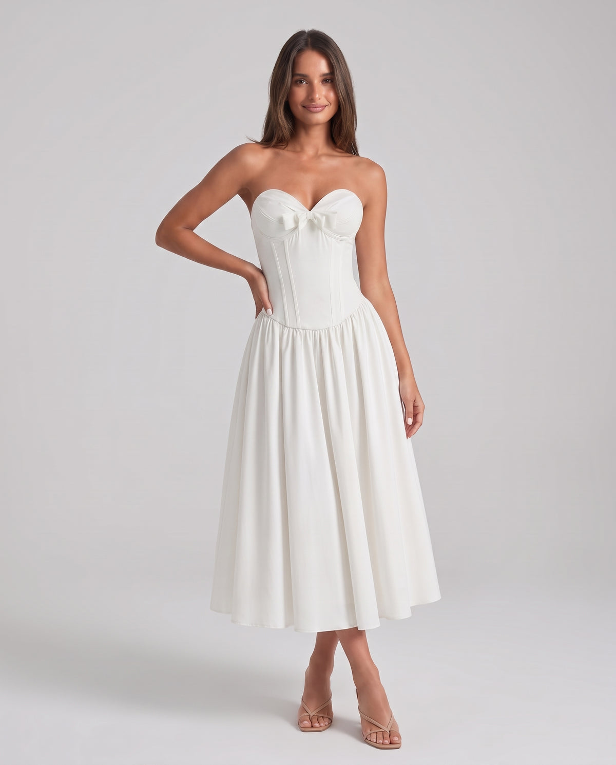 Zoe Strapless Corset Bow Midi Dress - White - pose