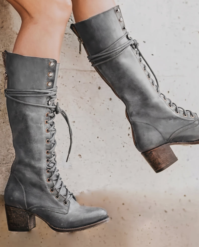 Cressida Lace-Up Leather Combat Boots Grey worn