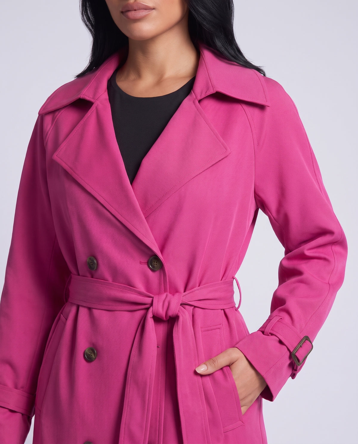 Marlowe longline belted trench coat in Purple Pink - detail close-up