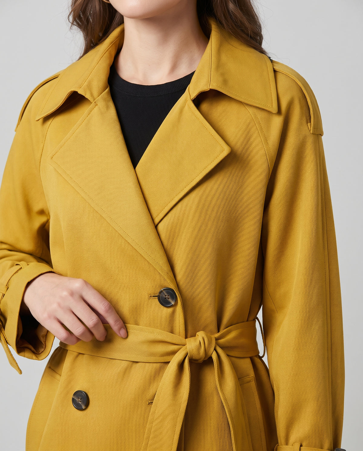 Marlowe longline belted trench coat in Lemon Yellow - detail close-up