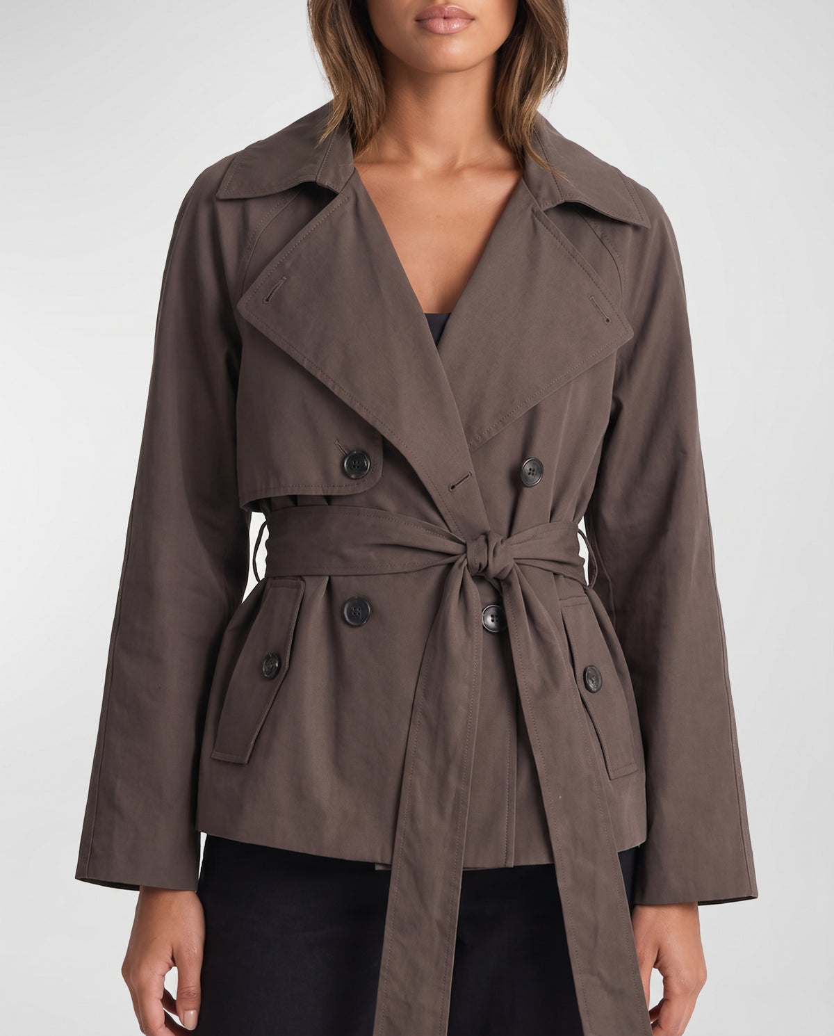 Aurora cropped double-breasted trench coat close-up detail