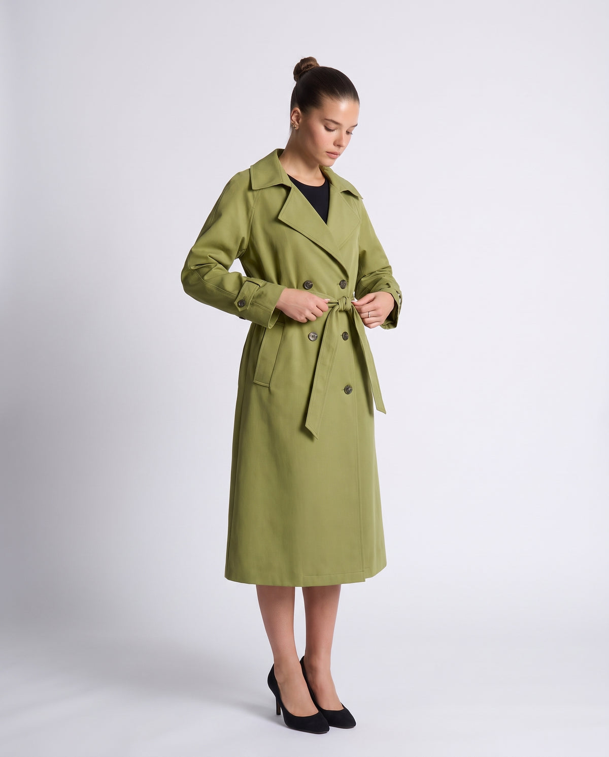 Saskia longline belted trench coat in Avocado - front view 2