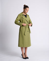 Saskia longline belted trench coat in Avocado - front view 2