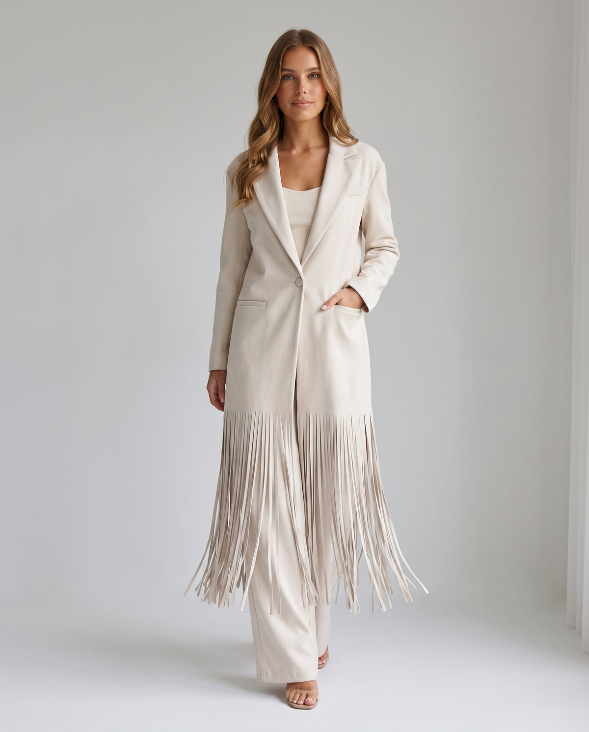 Mila Longline Fringe Blazer Coat Cream