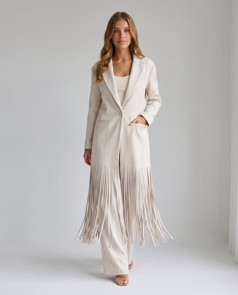 Mila Longline Fringe Blazer Coat Cream