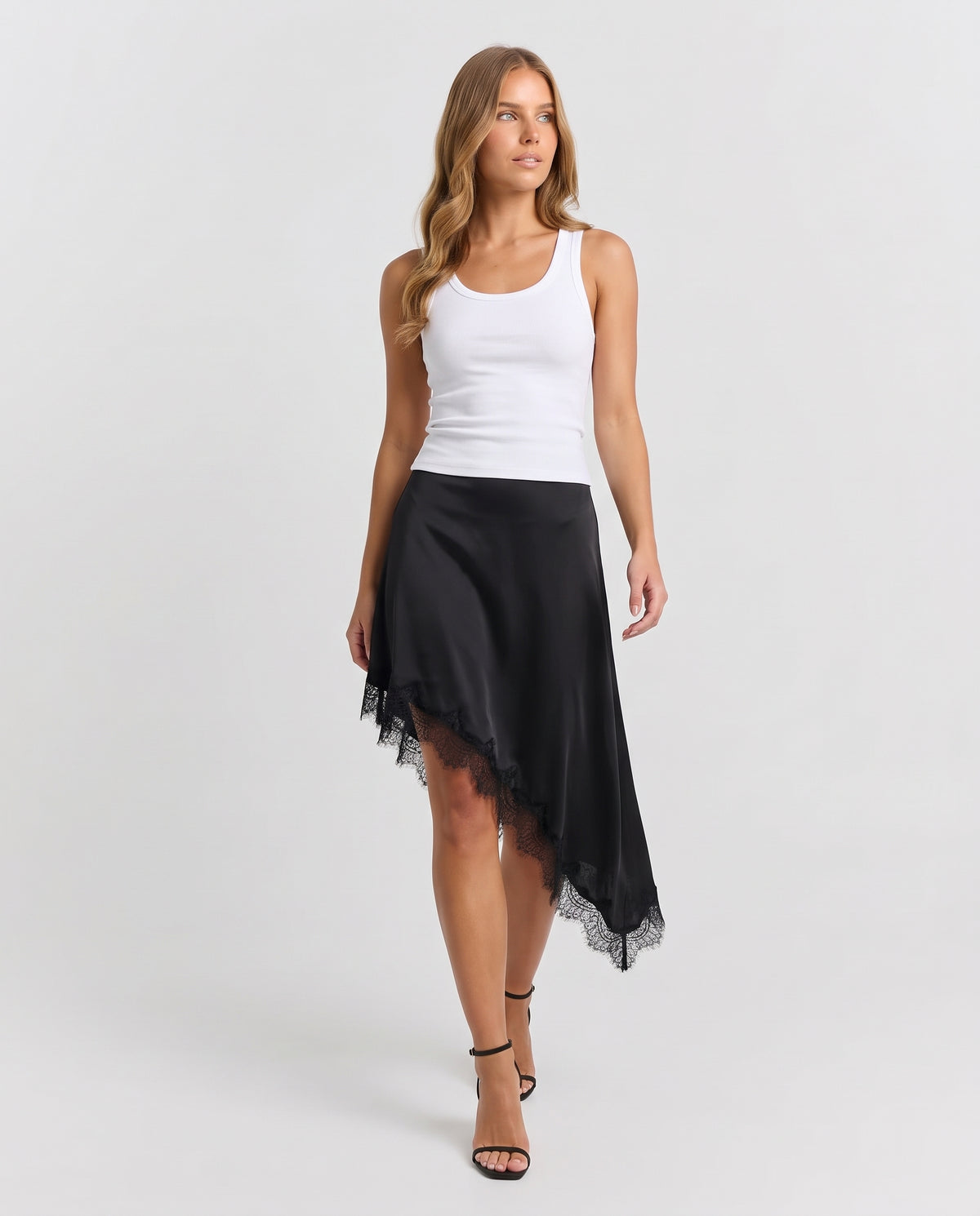 Zara Lace Trim Asymmetric Slip Skirt Black