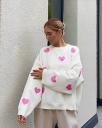 Damaris oversized crew neck jumper in White-Pink Hearts