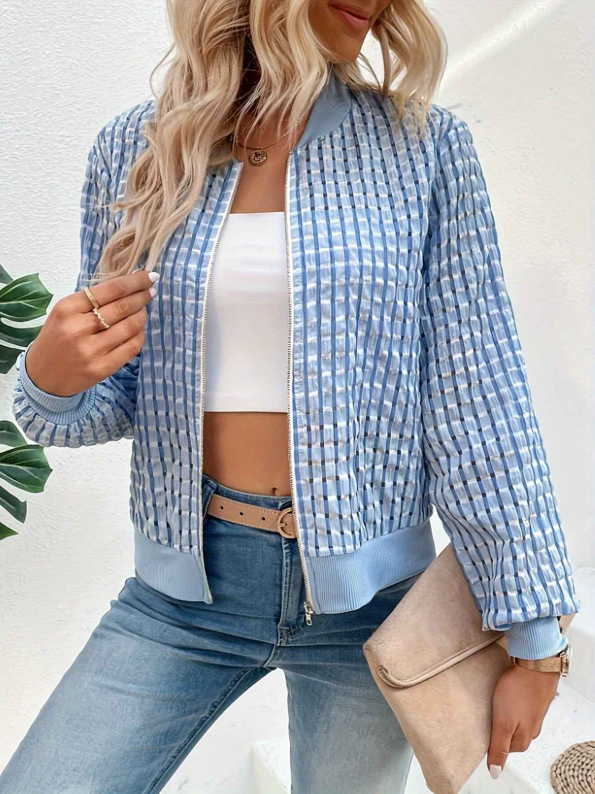 Ambrosine | Women's Light Blue Zip-Up Casual Bomber Jacket