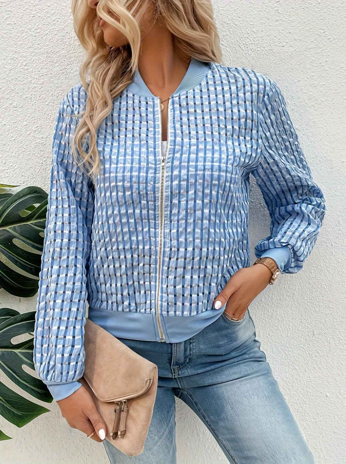 Ambrosine | Women's Light Blue Zip-Up Casual Bomber Jacket