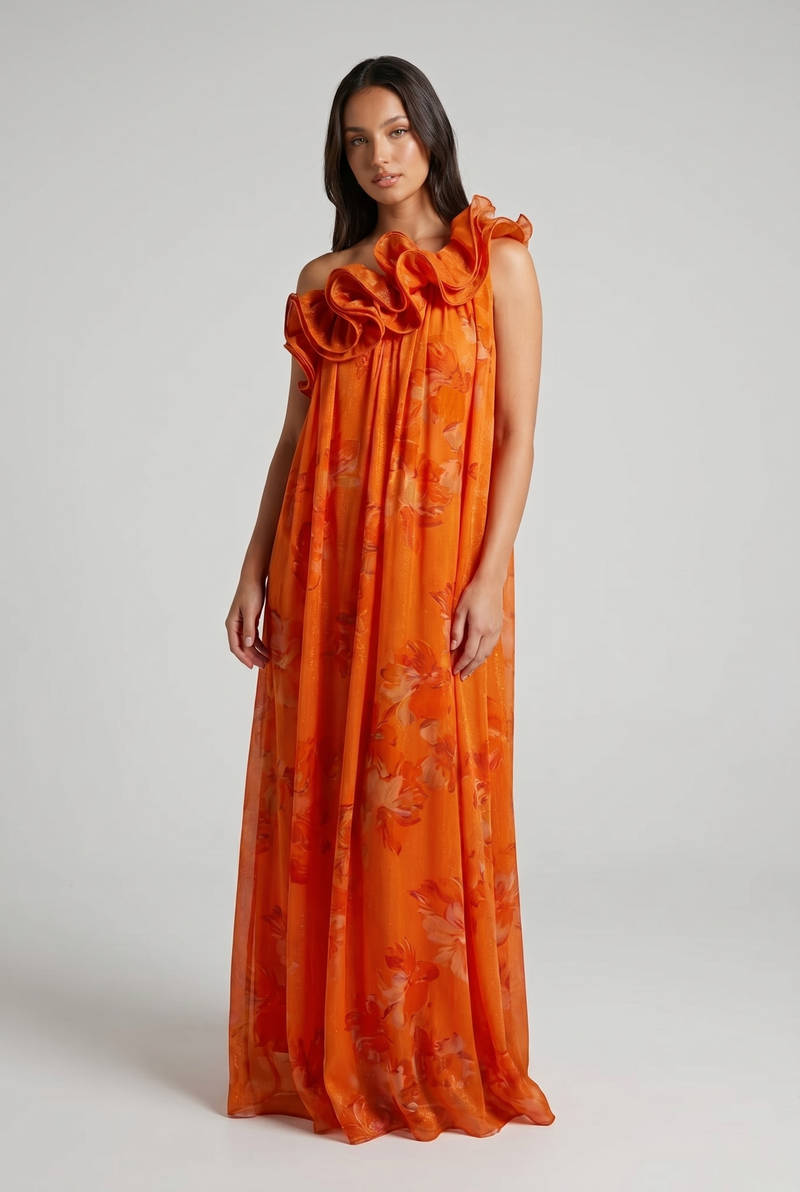 Delphine One-Shoulder Floral Ruffle Maxi Orange - Front