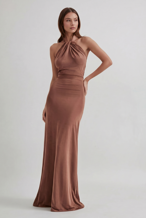 Talia | Halter Neck Ruched Satin Maxi Dress