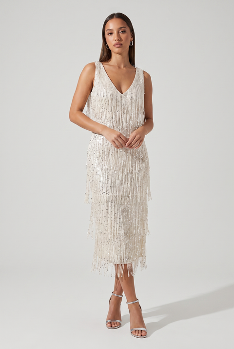 Araminta | Women's Sequin Fringe Midi Dress Cream V Neck