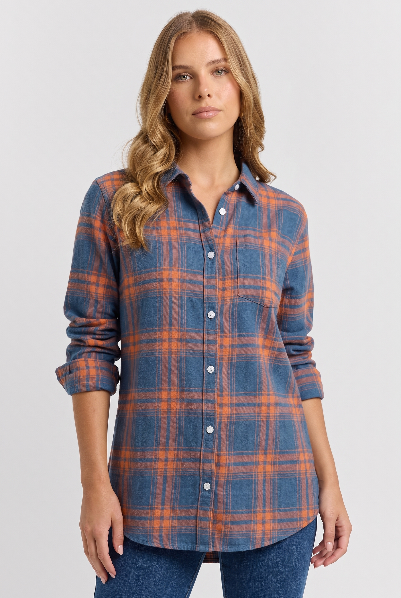 Anwen | Women's Plaid Button Down Shirt Blue Orange
