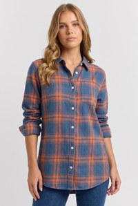 Anwen | Women's Plaid Button Down Shirt Blue Orange