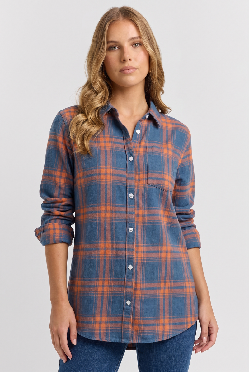 Anwen | Women's Plaid Button Down Shirt Blue Orange