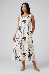 Willa | Women's Floral Midi Dress Sleeveless Cream Navy