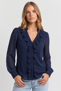 Ophelia | Women's Ruffle V Neck Blouse Navy