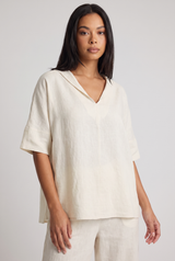 Etta | Women's Linen Shirt V Neck Cream Short Sleeve