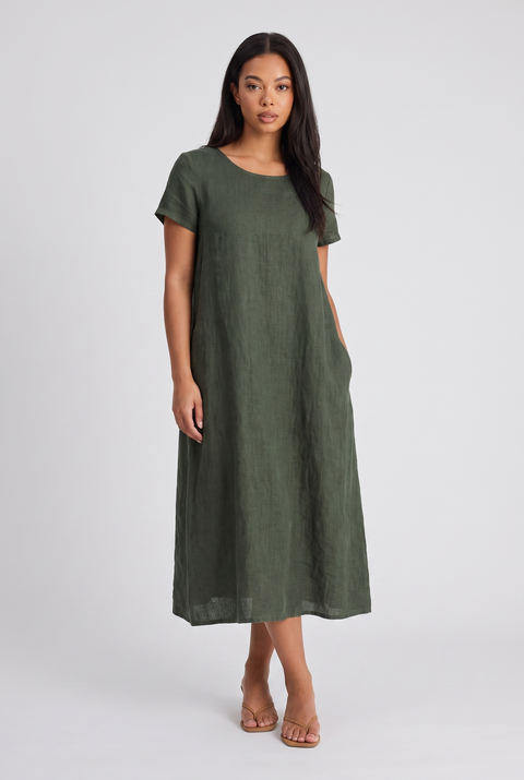Marguerite | Women's Linen Midi Dress Sage Green Short Sleeve
