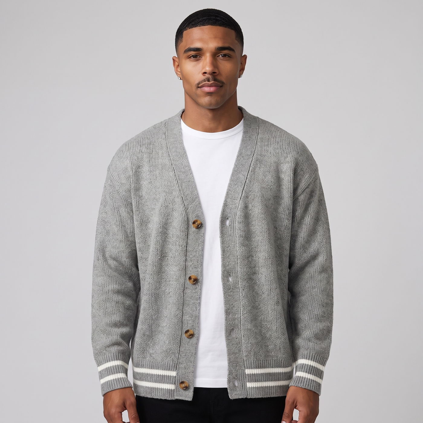 Gawain | Men's Striped Knit Cardigan Grey White