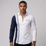 Alastair | Men's Button Up Shirt White Navy Colour Block Stripe