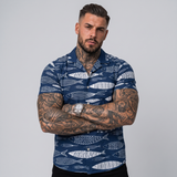 Rhodes | Men's Hawaiian Shirt Navy Fish Print Camp Collar Short Sleeve