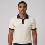Talbot | Men's Ribbed Polo Shirt Cream Navy Colour Block Short Sleeve