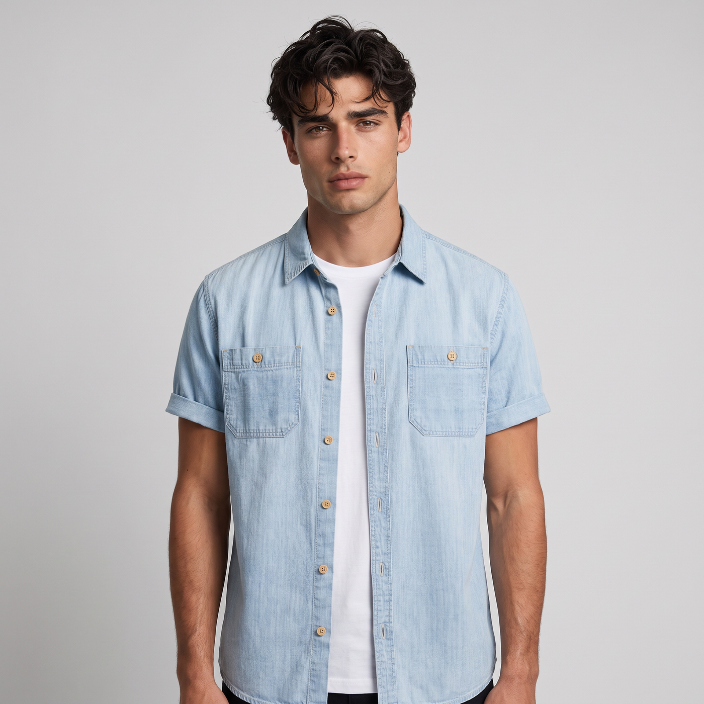 Bexley | Men's Denim Shirt Light Blue Short Sleeve