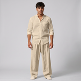Reeve | Men's Linen Lounge Set Cream Button Up Shirt Wide Leg Trousers