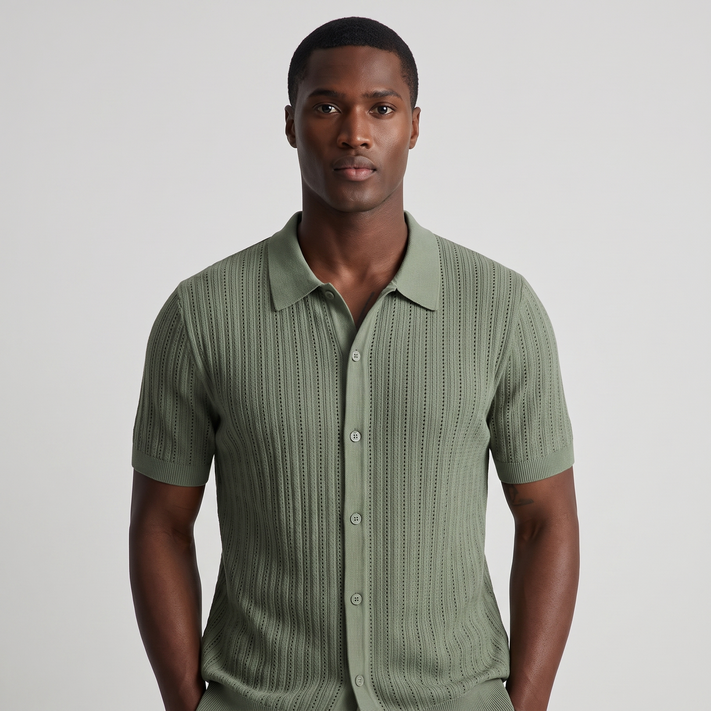 Hollis | Men's Ribbed Knit Shirt Sage Green Short Sleeve (v4)