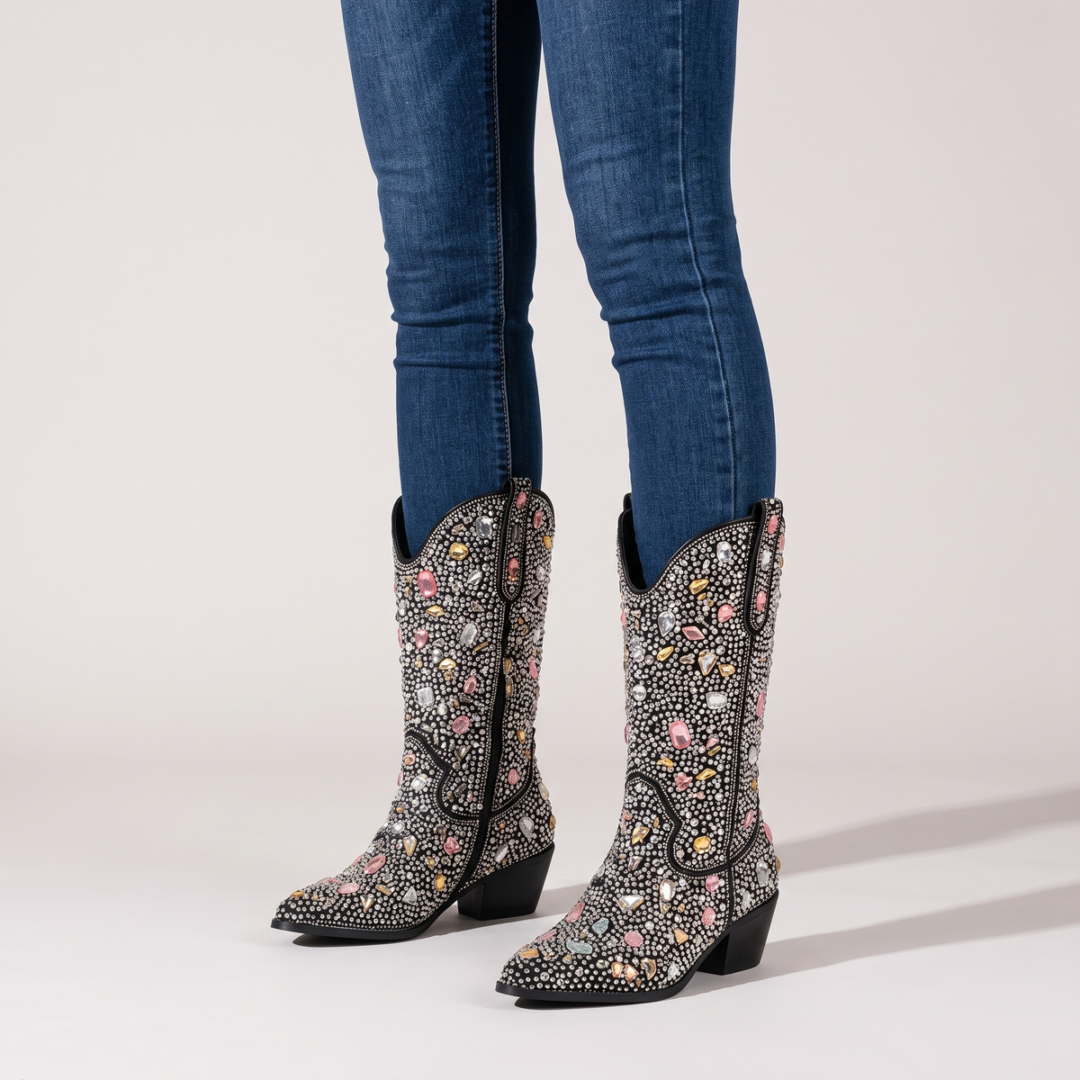 Simonetta | Women's Black Rhinestone Mid Calf Cowboy Boots