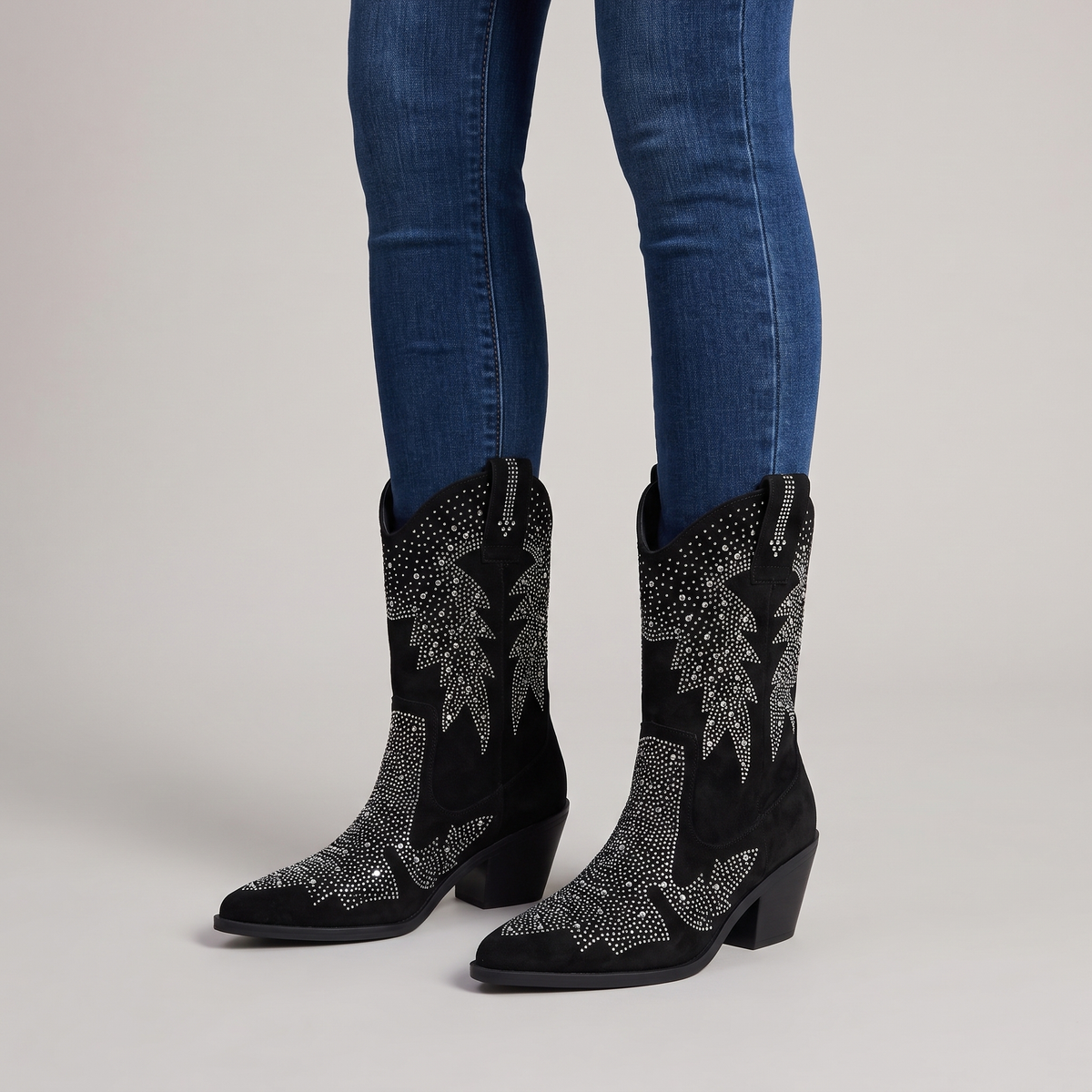 Sigrid | Women's Embellished Mid Calf Pointed Toe Boots Black