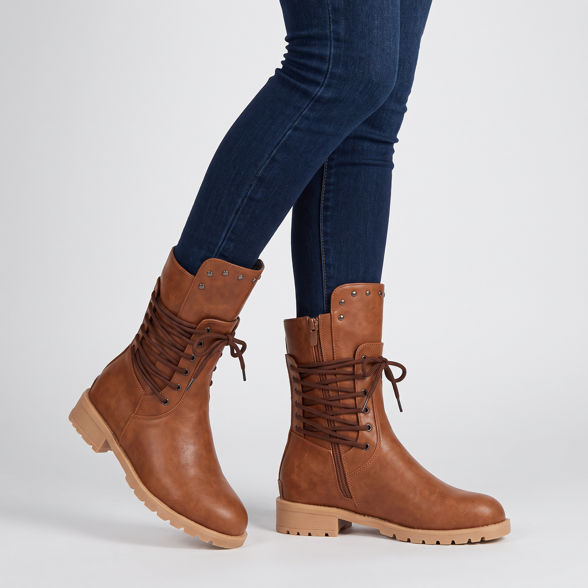 Magdalena | Women's Lace-Up Mid-Calf Boots Lug Sole Studded