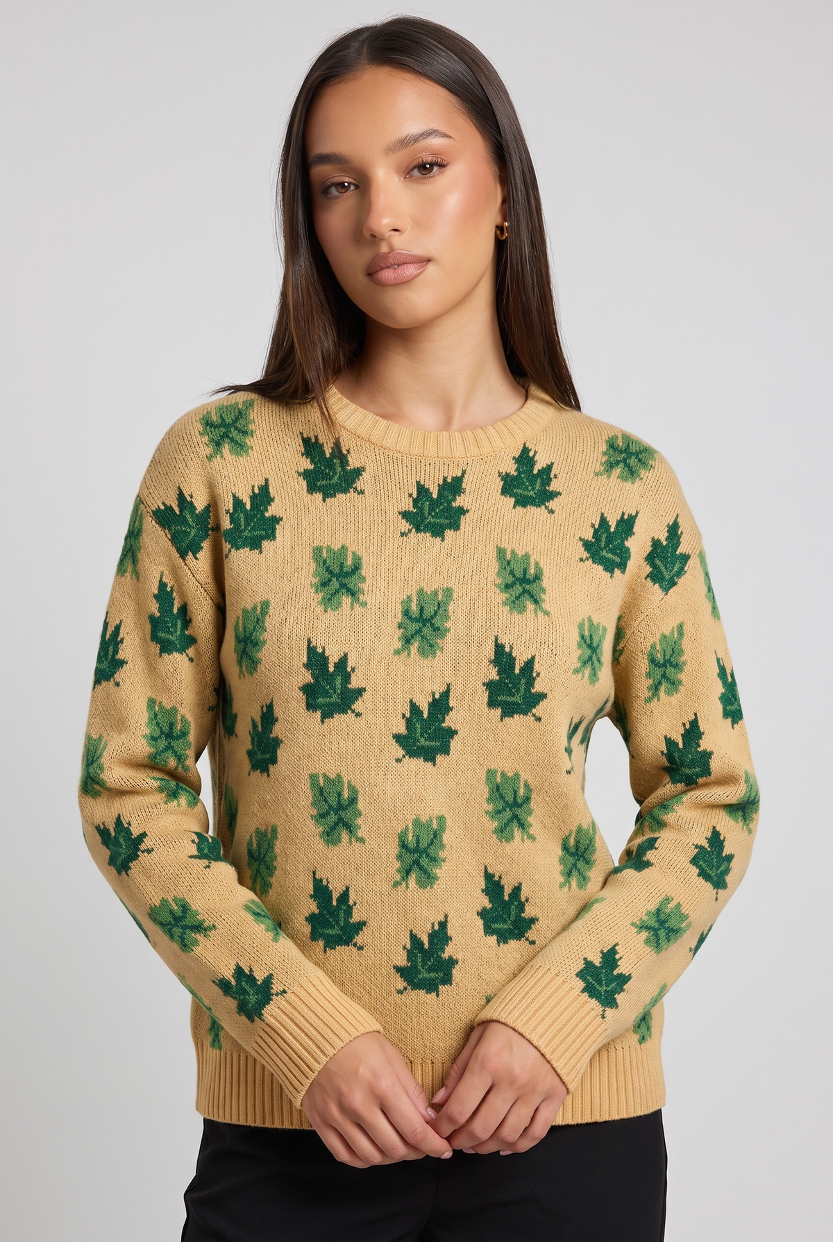 Vesper | Women's Patterned Crewneck Jumper Khaki and Green