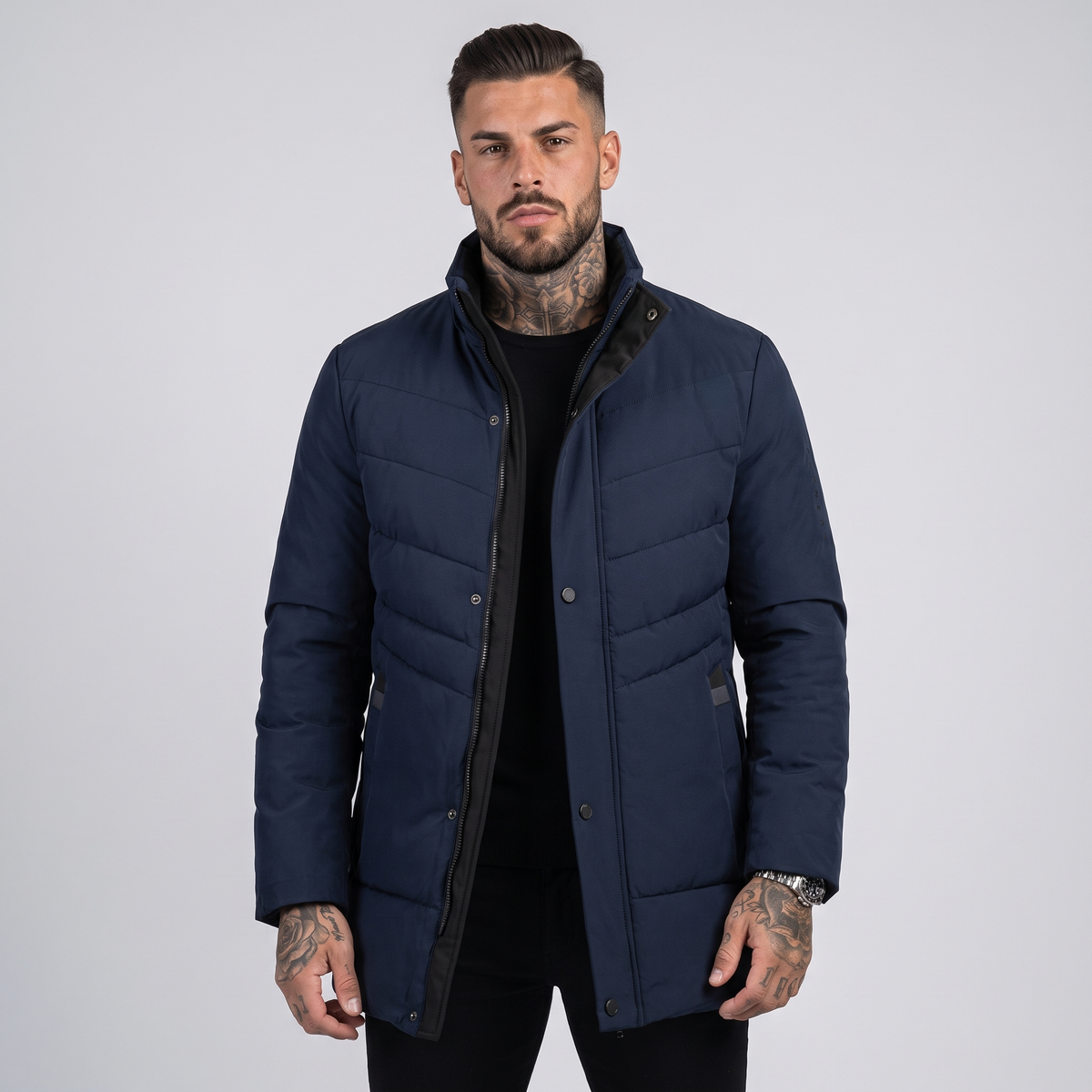 Uxbridge | Men's Long Quilted Puffer Jacket Navy Blue and Black