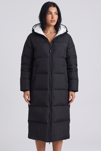 Theodora | Women's Longline Quilted Hooded Puffer Jacket Black and White