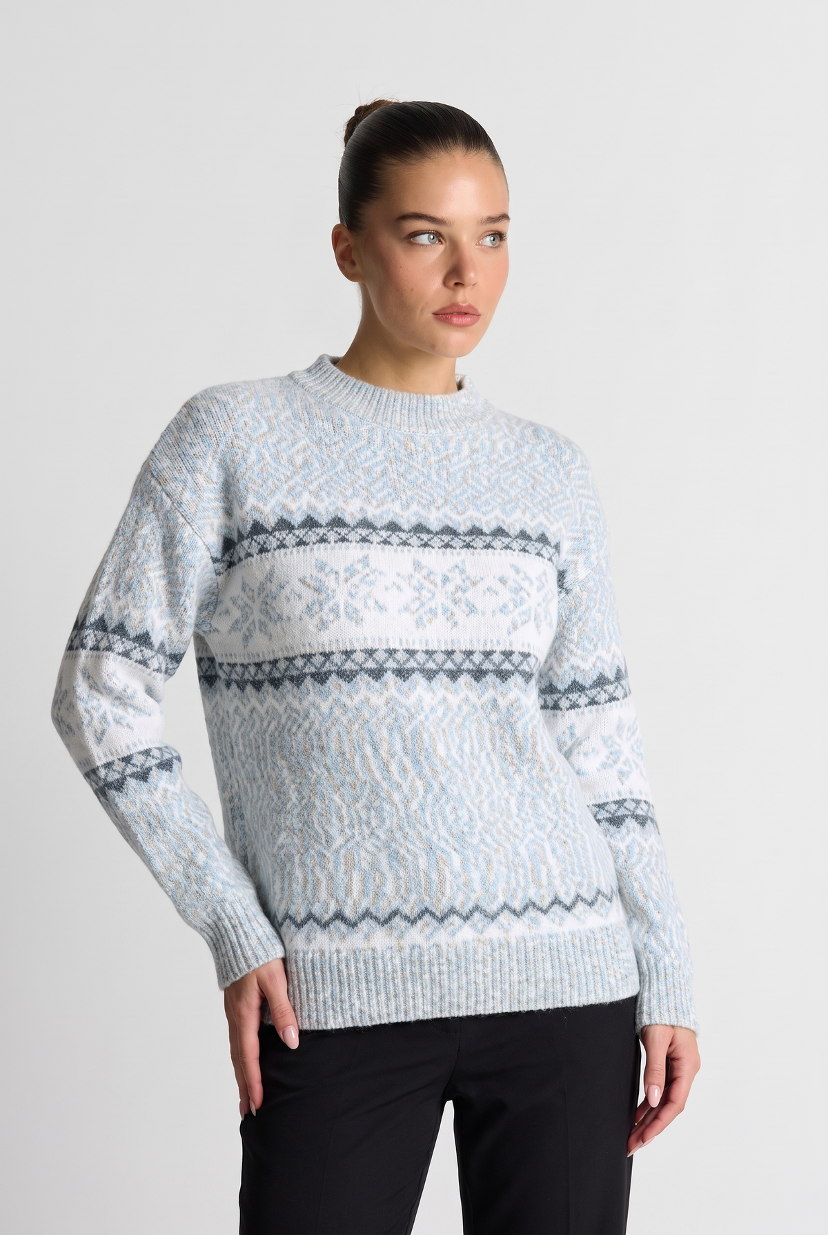 Phyllida | Women's Fair Isle Crew Neck Jumper Light Blue and Beige