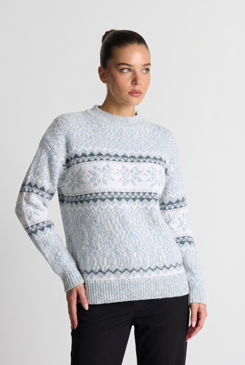 Phyllida | Women's Fair Isle Crew Neck Jumper Light Blue and Beige