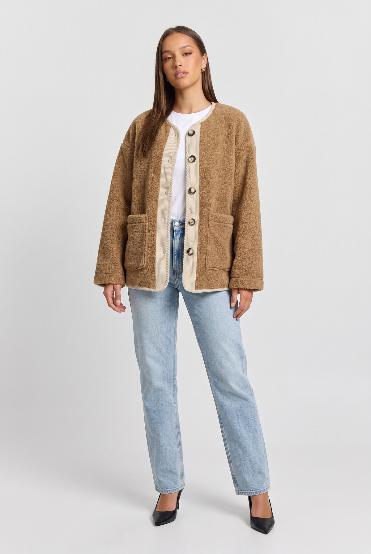 Rhoda | Women's Button Down Sherpa Coat Camel