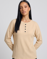Perdita | Women's Button Front Long Sleeve Top Beige