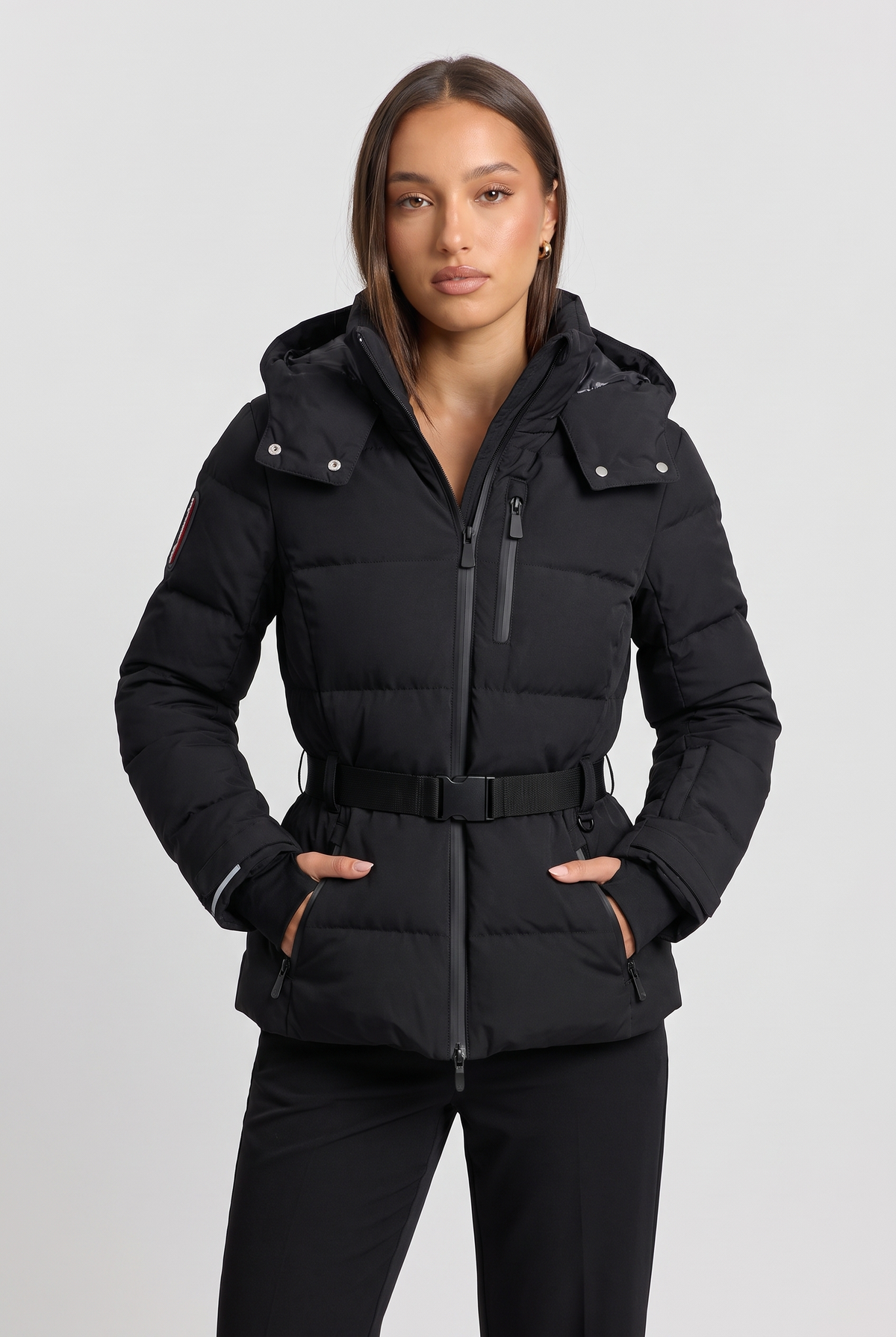 Maelys | Women's Belted Puffer Jacket Black Removable Hood