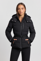 Maelys | Women's Belted Puffer Jacket Black Removable Hood