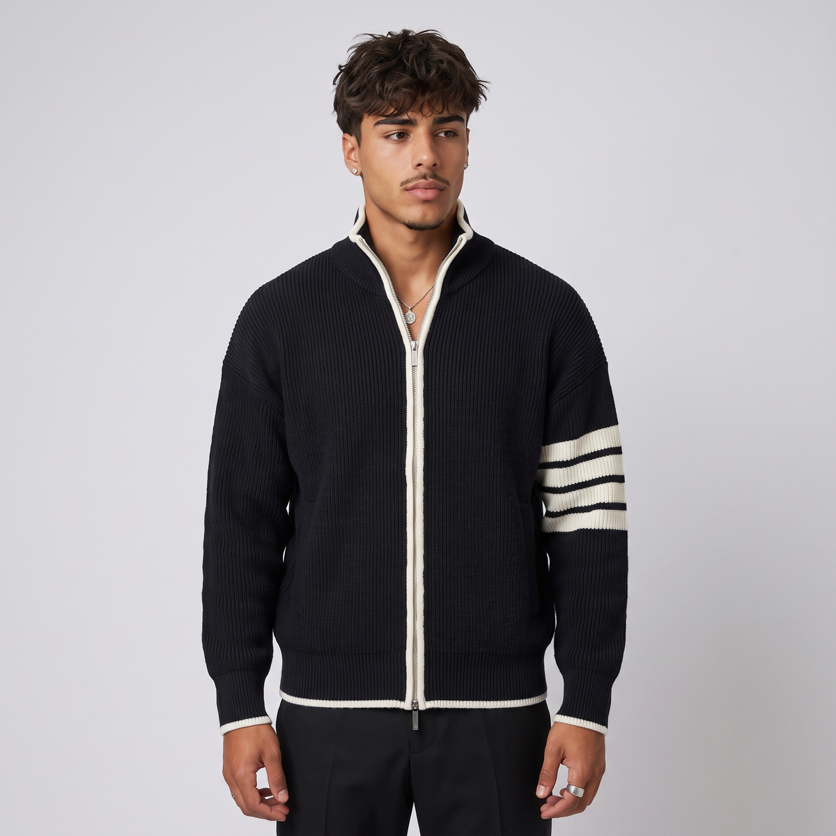 Verner | Men's Zip Up Stand Collar Jumper Striped Sleeve