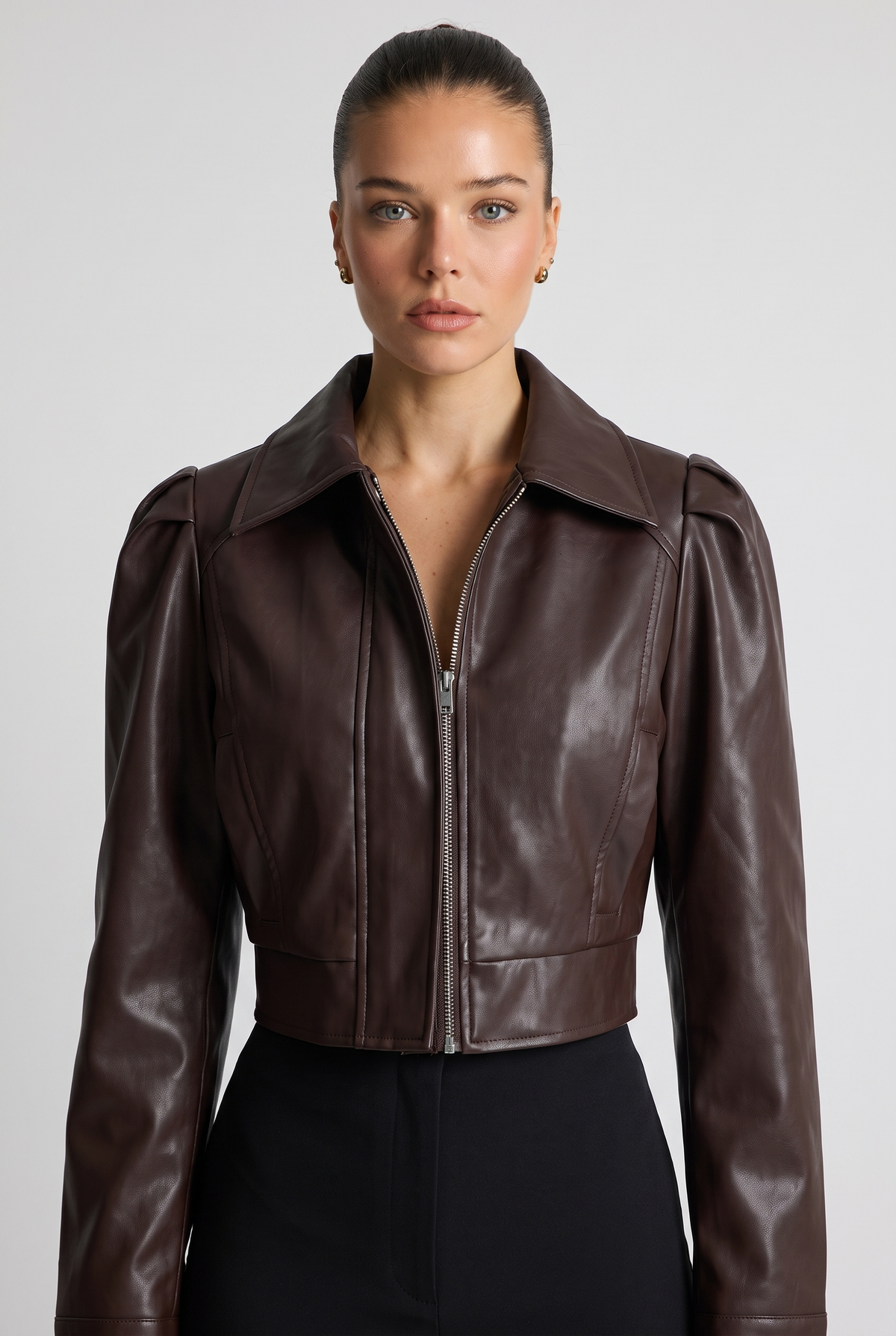 Laurelle | Women's Brown Cropped Zip Up Jacket Puff Sleeve