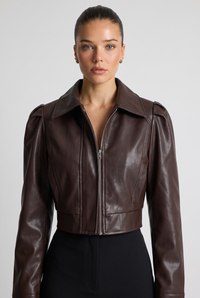 Laurelle | Women's Brown Cropped Zip Up Jacket Puff Sleeve