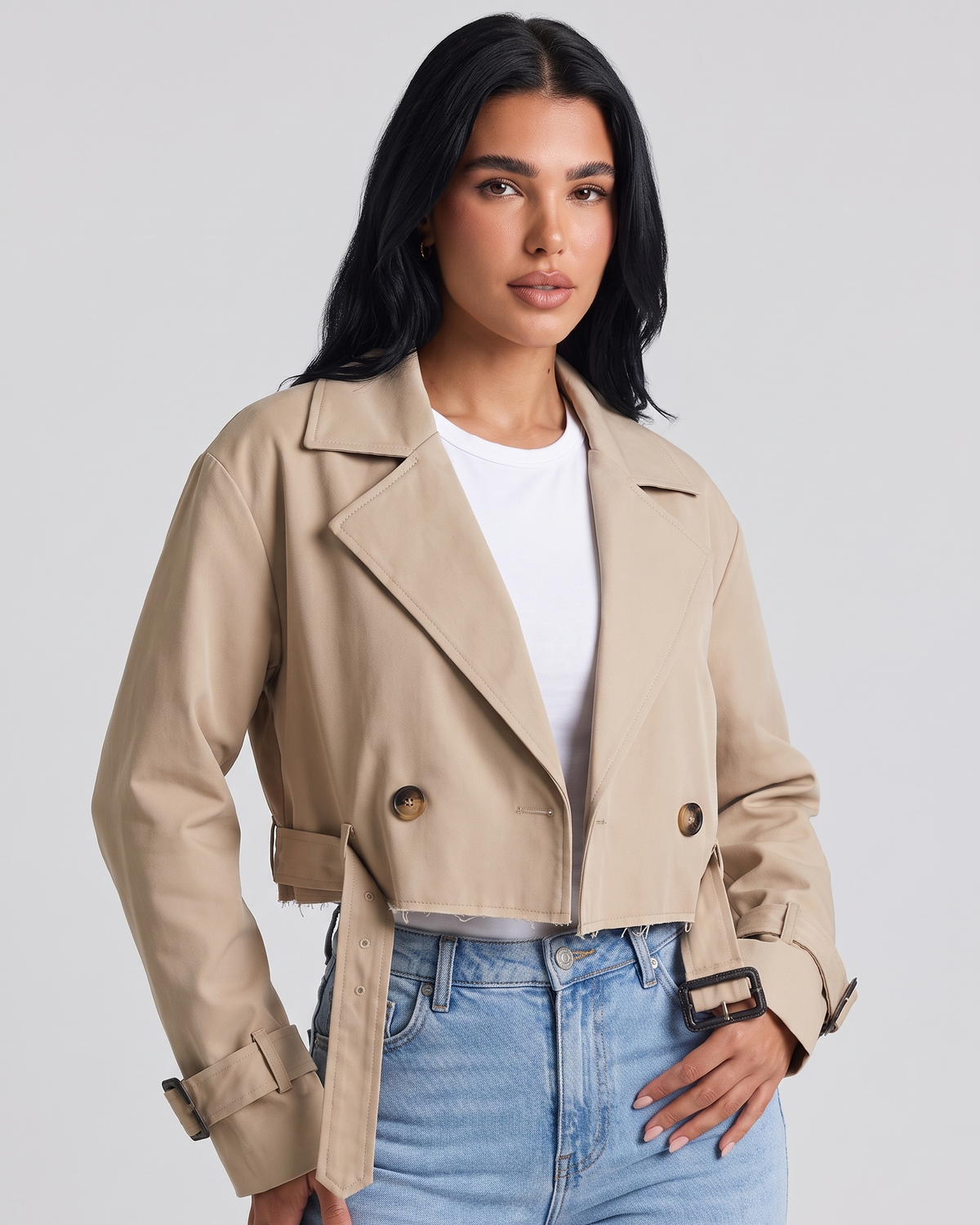 Liesel | Women's Beige Cropped Belted Coat