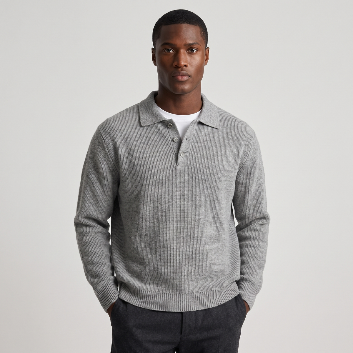 NOLA model wearing ribbed knit polo collar jumper
