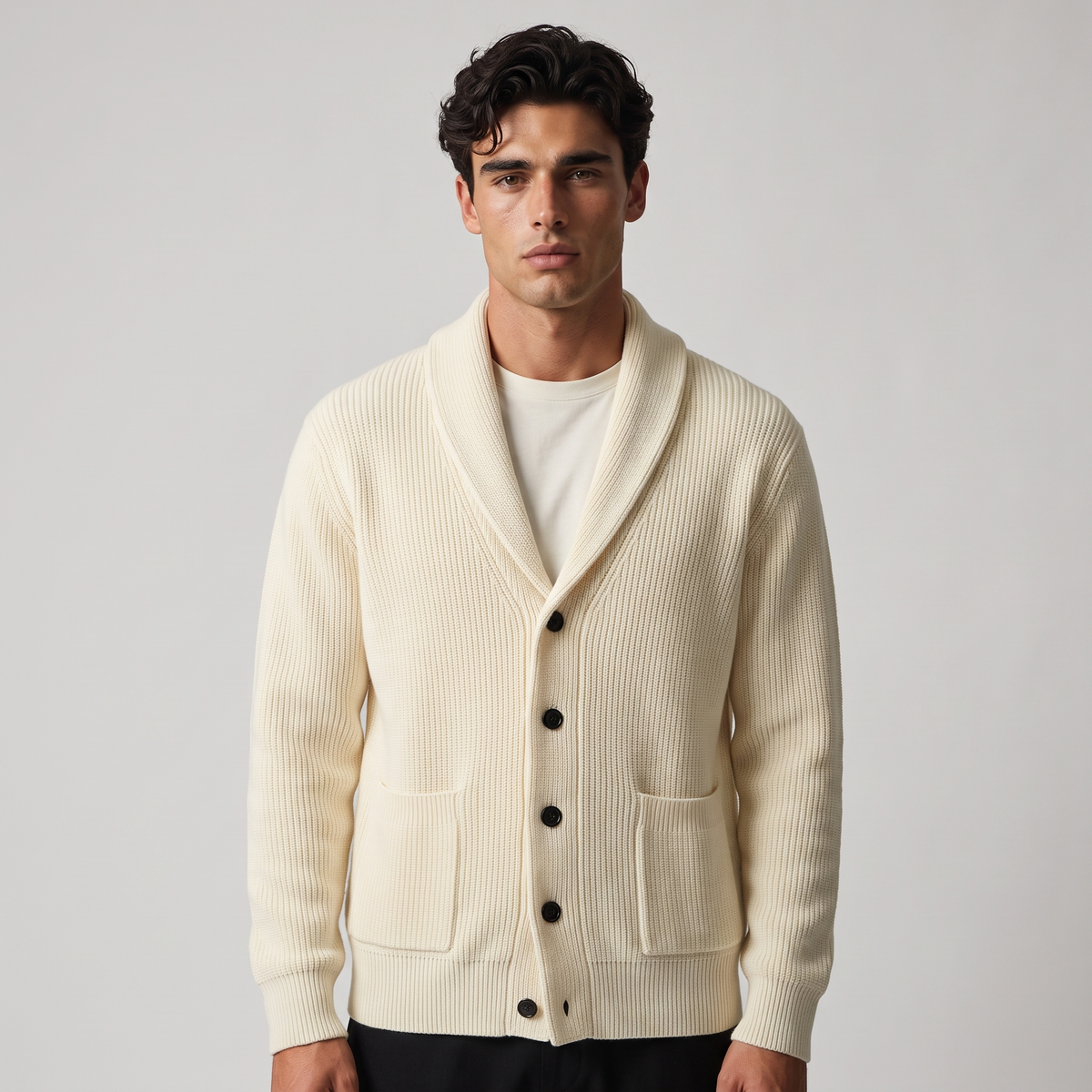 NOLA model wearing shawl collar ribbed knit cardigan